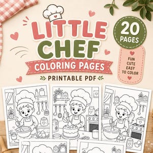 以下が含まれることがあります： Little Chef Coloring Pagesというタイトルのデジタル塗り絵セットで、印刷可能なPDFイラストが20ページ含まれています。各ページには、シェフの帽子をかぶったキャラクターがキッチンで料理や掃除をしている様子が描かれています。A4 sizeおよび300 DPIのテキストが含まれています。