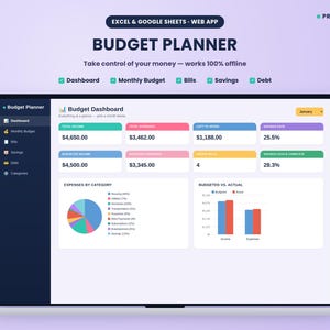 Budget Planner Excel Spreadsheet, Google Sheets Budget Template, Digital Budgeting Tool, Monthly Expense Tracker, Savings & Debt Tracker
