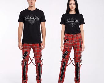 Pantalon punk à carreaux tartan rouges | Pantalon gothique unisexe | Style grunge alternatif | Pantalon skinny zippé | Mode emo rock XS-5XL