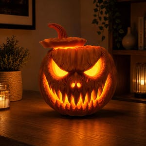 May include: A carved orange pumpkin lantern with a lid, featuring a menacing face with sharp, jagged teeth and glowing yellow eyes. The pumpkin is illuminated from within, casting a warm light through the carved mouth and eye openings.