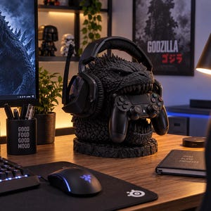 May include: A black Godzilla-shaped stand designed to hold gaming accessories, featuring a textured, scaly surface and an open-mouthed design. The stand supports a pair of black over-ear gaming headphones and a black video game controller.