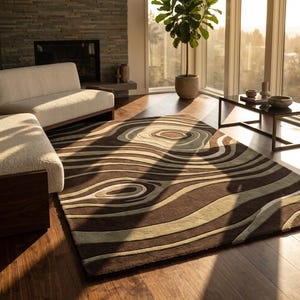 Può includere: Un tappeto rettangolare caratterizzato da una texture a pelo alto e basso con un motivo astratto di forme concentriche, ondulate e organiche in tonalità marrone scuro, beige e crema, creando un effetto visivo a strati su tutta la superficie.