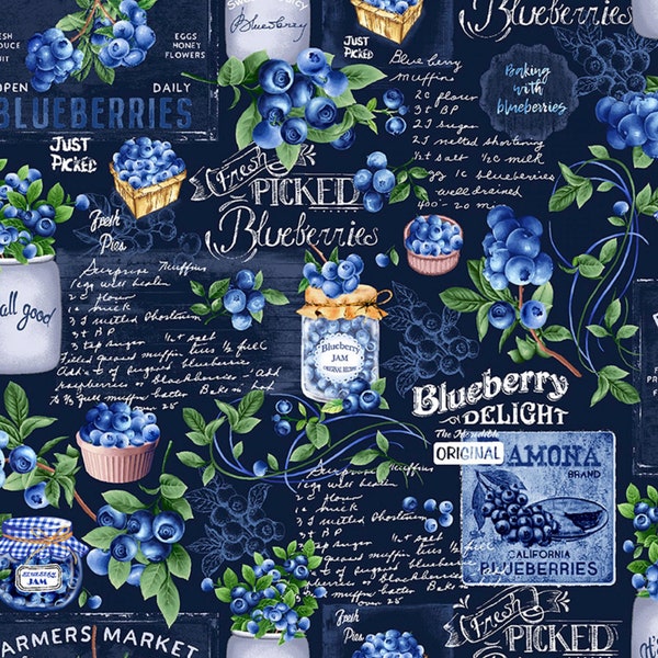 Navy Blueberries Marker Sign Cotton Fabric 18" x 44" - .