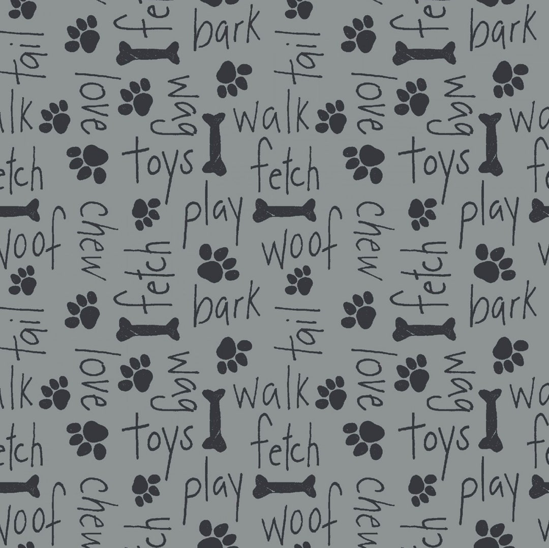 paw-prints-bones-words-allover-gray-fabric-18-x-44-100-cotton-etsy