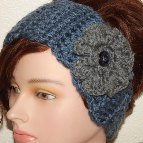 Crocheted Dusty Blue Earwarmer Headband w/ Flower
