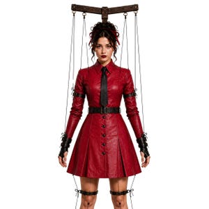Marionette Lady Costume with Wooden Puppet Stand - Gothic Red Leather Dress - Halloween Cosplay Outfit