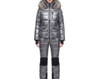Women’s Metallic Silver Ski Suit - Puffer Snow Hood Jacket & Quilted Snow Pants Set