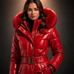 Puede incluir: Una chaqueta acolchada de color rojo brillante con cuello alto, capucha con borde de piel sintética roja, cierre frontal de cremallera con botones a presión dorados y un cinturón rojo a juego con hebilla dorada en la cintura. Mangas largas.