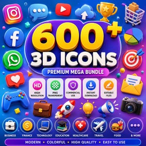 Peut inclure: Un graphique numérique affichant le texte 600+ 3D ICONS PREMIUM MEGA BUNDLE entouré de diverses icônes 3D colorées, notamment des logos de réseaux sociaux, un caddie, un trophée, une fusée, un appareil photo et de la nourriture sur fond bleu et violet.