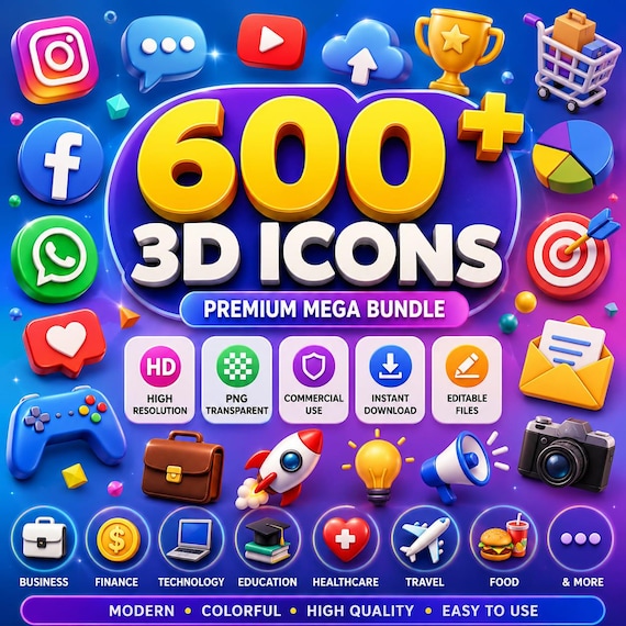 600+ 3D Icons Bundle | PNG, Commercial Use (Instant Download)
