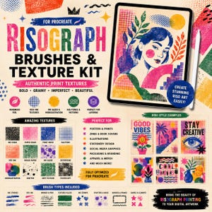 K&ouml;nnte beinhalten: Ein digitales Design-Kit f&uuml;r Procreate mit Risograph-Pinseln und Texturen. Die Darstellung umfasst ein Tablet mit einem farbenfrohen Portr&auml;t, verschiedene Texturmuster, Beispiele f&uuml;r Pinseltypen und Textbeschriftungen der Werkzeuge.