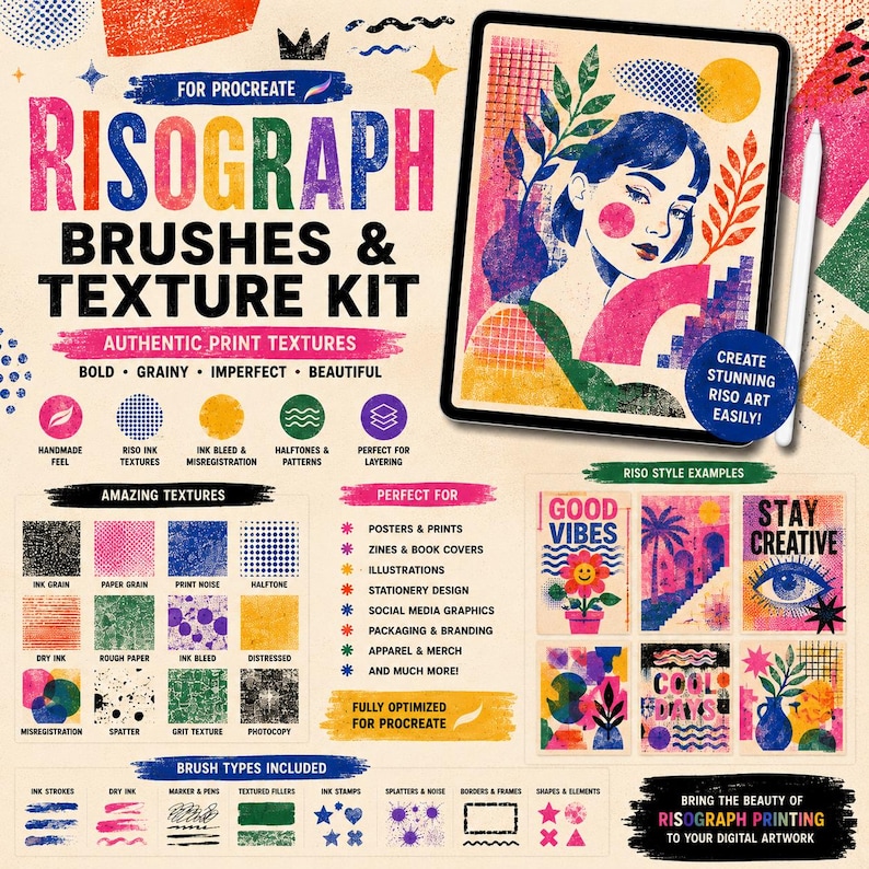 K&ouml;nnte beinhalten: Ein digitales Design-Kit f&uuml;r Procreate mit Risograph-Pinseln und Texturen. Die Darstellung umfasst ein Tablet mit einem farbenfrohen Portr&auml;t, verschiedene Texturmuster, Beispiele f&uuml;r Pinseltypen und Textbeschriftungen der Werkzeuge.