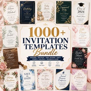 Può includere: Una collezione digitale di oltre 1000 modelli di invito con design vari per matrimoni, compleanni, baby shower ed eventi aziendali. Il testo centrale recita 1000+ INVITATION TEMPLATES Bundle, accompagnato da icone esplicative.