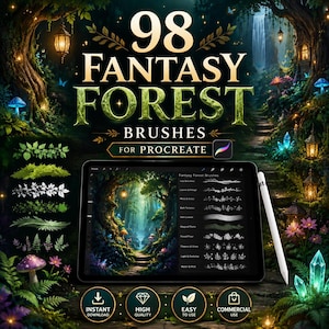 Könnte beinhalten: Ein digitales Tablet mit einem Set aus 98 Fantasy Forest Pinseln für Procreate und einem weißen Eingabestift. Der Bildschirm zeigt eine Waldillustration und ein Pinselmenü. Der Text lautet 98 FANTASY FOREST BRUSHES FOR PROCREATE.