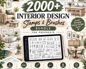 Über 2000 Procreate-Stempel und -Pinsel für Inneneinrichtung, Möbeldekorationsstempel, Wohndesign-Pinsel, Architekturelemente, digitaler Download
