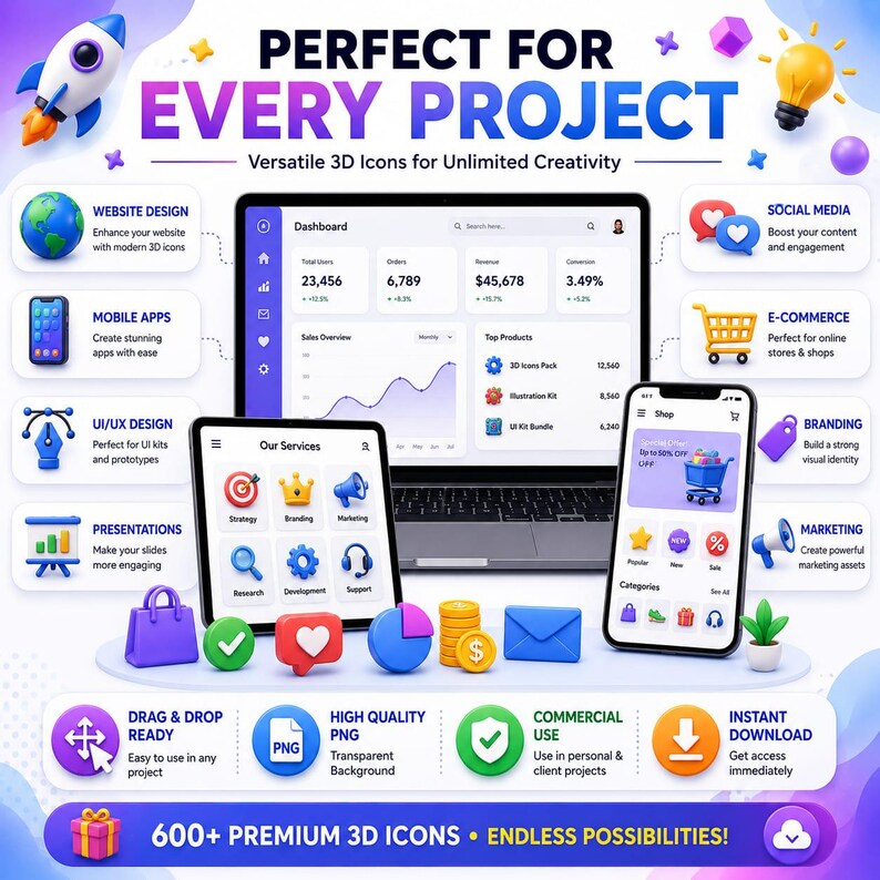 May include: A digital graphic display featuring 3D icons, a laptop, and a smartphone showing dashboard interfaces. Text includes PERFECT FOR EVERY PROJECT, Versatile 3D Icons for Unlimited Creativity, and 600+ PREMIUM 3D ICONS &bull; ENDLESS POSSIBILITIES.