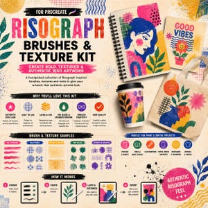 K&ouml;nnte beinhalten: Ein digitales Design-Kit f&uuml;r Procreate mit Risograph-Pinseln und Texturen. Die Darstellung umfasst ein Spiralnotizbuch, einen Pappbecher und eine Tragetasche, die alle mit farbenfrohen, k&ouml;rnigen, abstrakten und floralen Motiven verziert sind.