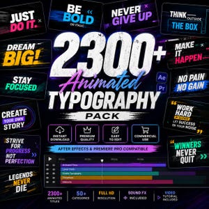 May include: A digital product display for a 2300+ Animated Typography Pack featuring various motivational text samples like Just Do It, Dream Big, and Stay Focused. The layout includes icons for instant download, premium quality, and editing.