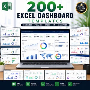 May include: A digital collection of 200+ Excel dashboard templates featuring business, finance, sales, HR, and analytics categories. The display shows a laptop screen with a business overview dashboard, surrounded by various smaller dashboard previews.
