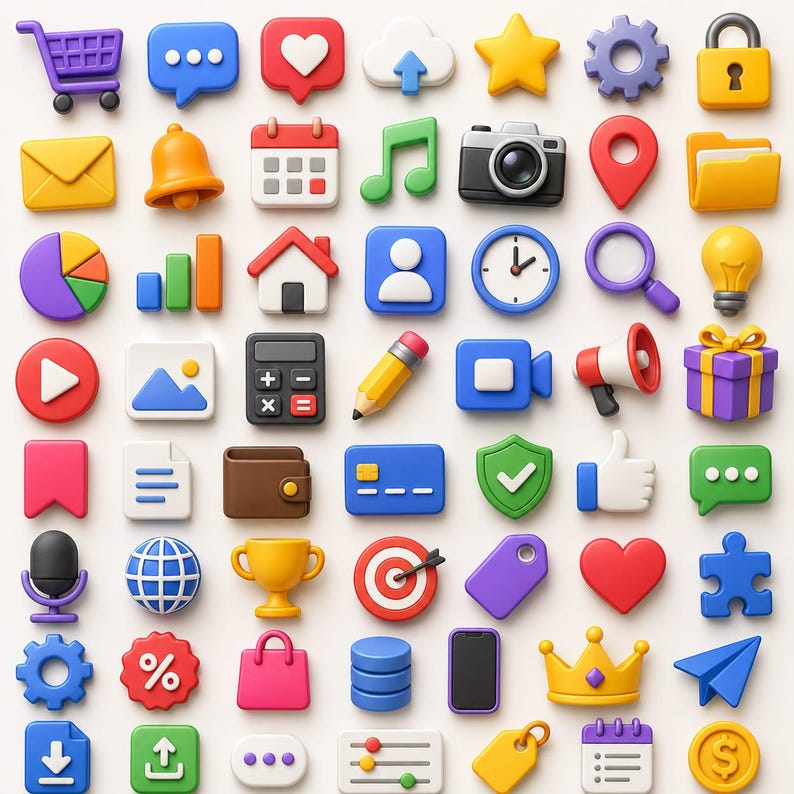 May include: A collection of colorful 3D icons arranged in a grid, featuring symbols such as a shopping cart, heart, camera, calendar, clock, pencil, calculator, gift box, trophy, target, crown, and various communication and utility interface elements.