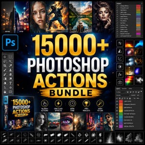 May include: A digital product bundle featuring 15000+ Photoshop Actions with a gold and blue graphic interface. The display includes various photo editing effect previews, a toolbar, layer panels, and icons for one-click effects and pro results.