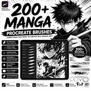 Peut inclure: Une collection numérique de plus de 200 pinceaux manga pour Procreate incluant encre, lignes de vitesse, trames, hachures, éclaboussures et textures. L'écran affiche une interface de tablette avec des illustrations manga et des exemples.