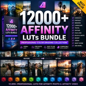 Peut inclure: Un ensemble de produits numériques comprenant plus de 12000 LUTs Affinity pour l'étalonnage professionnel. Le graphique affiche le texte 12000+ AFFINITY LUTS BUNDLE, une liste de catégories de styles et des comparaisons avant-après pour photo et vidéo.