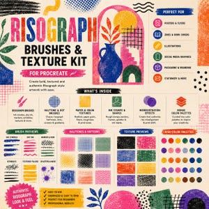 K&ouml;nnte beinhalten: Ein digitales Risograph-Pinsel- und Textur-Set f&uuml;r Procreate mit farbenfrohen grafischen Elementen, Pinselstrich-Vorschauen, Rastermustern und Textur-Mustern. Das Layout enth&auml;lt Textbeschriftungen, Listen der enthaltenen Assets und Farbpaletten.
