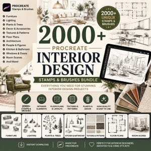 Könnte beinhalten: Ein digitales Set mit über 2000 Procreate-Stempeln und Pinseln für Innenarchitektur. Die Grafik enthält Textbeschriftungen für Möbel, Beleuchtung, Pflanzen, Grundrisse und Architektur sowie Illustrationen von Raumszenen und einem Tablet.
