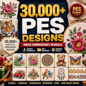 30,000+ PES Embroidery Designs Bundle, Floral, Animal, Mandala (Digital Download)