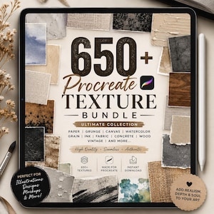 Könnte beinhalten: Ein digitaler Tablet-Bildschirm mit einer Werbegrafik für ein 650+ Procreate Textur-Paket. Die Grafik zeigt verschiedene quadratische Texturmuster wie Papier, Grunge, Leinwand, Aquarell, Körnung, Tinte, Stoff, Beton und Holz. Der Text umfasst 650+ Procreate Texture Bundle, Ultimate Collection und Funktionssymbole.