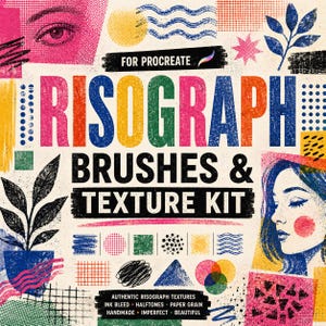 以下が含まれることがあります： RISOGRAPH BRUSHES & TEXTURE KIT FOR PROCREATEというタイトルのデジタルグラフィックデザインキット。画像には、カラフルな抽象的な形、人間の目、鉢植えの植物、顔の横顔が描かれており、すべて粒状で質感のあるインク効果で表現されています。