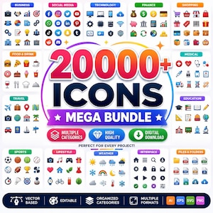 Peut inclure: Une publicité graphique numérique pour un méga pack de plus de 20 000 icônes présentant de nombreuses icônes colorées classées par catégories telles que le commerce, les réseaux sociaux, la technologie, la finance et la santé.