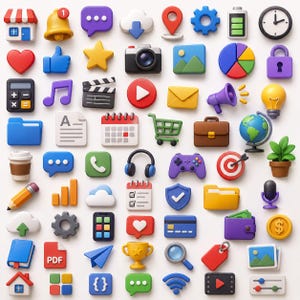 May include: A collection of colorful 3D icons arranged in a grid, featuring symbols for a shop, bell, chat, cloud, location, gear, battery, clock, heart, thumb, star, camera, image, pie chart, lock, calculator, music, clapperboard, play, mail, megaphone, bulb, folder, document, calendar, shopping cart, briefcase, globe, coffee cup, phone, headphones, game controller, target, plant, pencil, bar chart, checklist, shield, microphone, upload, smartphone, credit card, wallet, coin, book, PDF, paper plane, trophy, magnifying glass, tag, and settings.