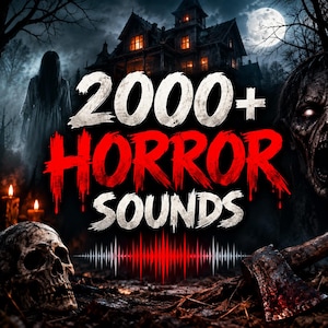 Peut inclure: Un graphique numérique affichant le texte 2000+ HORROR SOUNDS en blanc et rouge, sur une scène sombre et sinistre avec un manoir hanté, une pleine lune, une silhouette fantomatique, un crâne, une hache rouillée et une onde sonore centrale rouge.