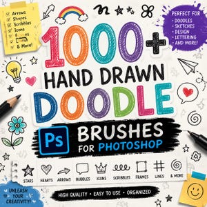 May include: A digital collection of 1000+ hand drawn doodle brushes for Photoshop featuring colorful text and various graphic elements like stars, hearts, arrows, and frames. The design includes a yellow sticky note, a purple circular badge, and a blue speech bubble.