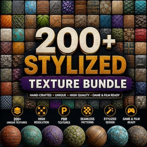 May include: A digital collection of over 200 stylised textures featuring a grid of diverse patterns including brick, wood, stone, and organic surfaces. The text reads 200+ STYLIZED TEXTURE BUNDLE with icons for high resolution and PBR features.