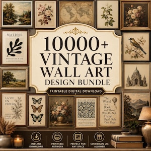 May include: A digital collection of 10000+ vintage wall art designs featuring various illustrations including landscapes, botanical prints, maps, butterflies, and architectural sketches, presented as a printable digital download bundle.