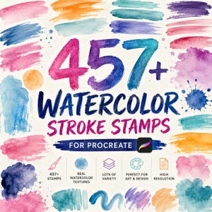Puede incluir: Una colección digital de 457+ sellos de trazos de acuarela para Procreate, con una variedad de muestras de pintura texturizadas y coloridas en rosa, azul, naranja y morado. El texto dice 457+ WATERCOLOR STROKE STAMPS FOR PROCREATE.