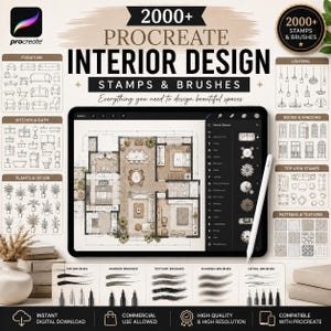 May include: A digital collection of 2000+ Procreate interior design stamps and brushes displayed on a tablet screen showing a floor plan. The set includes categories for furniture, lighting, plants, and textures with various ink and marker brush strokes.