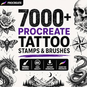 Può includere: Una collezione digitale di 7000+ timbri e pennelli per tatuaggi Procreate con illustrazioni in bianco e nero di una rosa, un teschio, una falena, una bussola, un drago, un serpente e un paesaggio montano con luna e stelle.