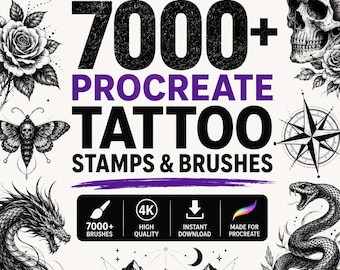 7000+ Procreate Tattoo-Stempel-Pinsel-Bundle, Japanische florale Feinlinien-Designs (Digitaler Download)
