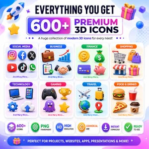 May include: A digital collection of 600+ premium 3D icons featuring categories like social media, business, finance, shopping, technology, gaming, travel, and food. The graphic includes text labels, colorful 3D objects, and icons for PNG, HD, and commercial use.