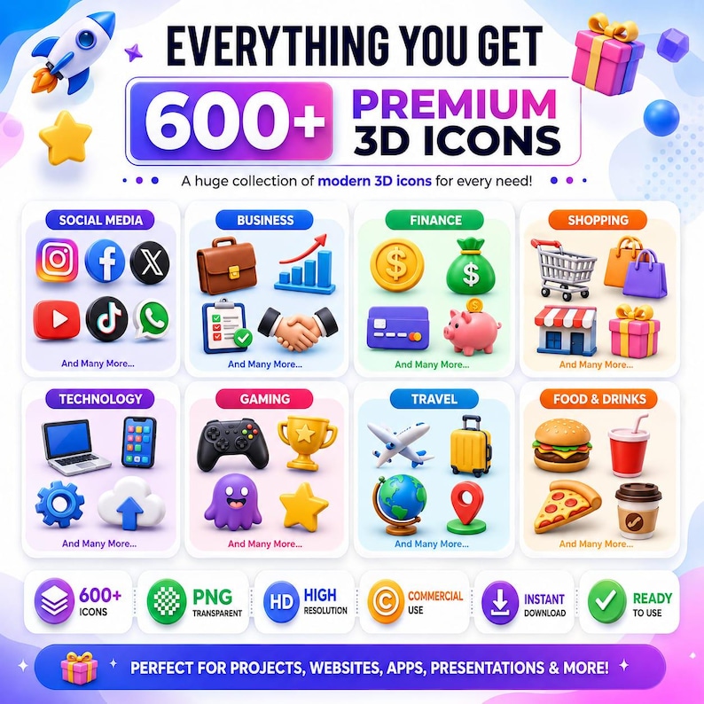 May include: A digital collection of 600+ premium 3D icons featuring categories like social media, business, finance, shopping, technology, gaming, travel, and food. The graphic includes text labels, colorful 3D objects, and icons for PNG, HD, and commercial use.