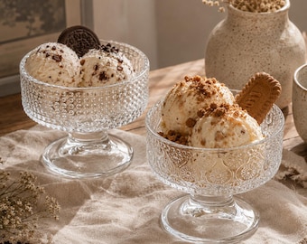 Vintage Glass Ice Cream Cup, Retro Embossed Dessert Bowl, Cute Wedding Gift for Bestie, Footed Sundae Cup Gift for Mom