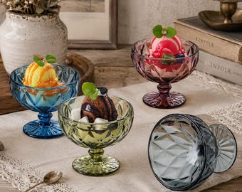 Vintage Colored Glass Ice Cream Bowl, Retro Embossed Dessert Cup, Cute Footed Sundae Cup, Gift for Mom, Cottagecore Kitchen Decor