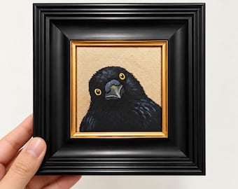 手描きのミニ油絵、黒カラスの肖像画、額装済み鳥の絵（3～4インチ）
