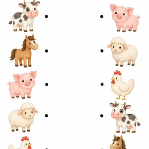 Puede incluir: Una hoja de trabajo educativa titulada Name: y Draw a line to the matching picture. La página presenta dos columnas de ilustraciones de animales de granja estilo acuarela, incluyendo una vaca, caballo, cerdo, oveja y pollo, con puntos negros.