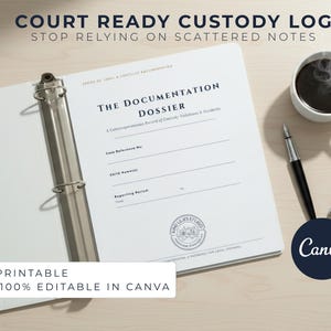 May include: A white three-ring binder open to a page titled The Documentation Dossier, featuring fields for case reference, child name, and reporting period. Beside the binder sits a black fountain pen and a white mug of steaming coffee.