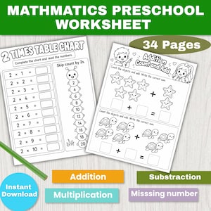 Può includere: Un set di schede didattiche di matematica per la scuola dell'infanzia con 34 pagine di attività. Una pagina mostra la tabellina del 2 con una grafica a forma di bruco. Un'altra pagina presenta addizioni con illustrazioni di stelle e tartarughe.